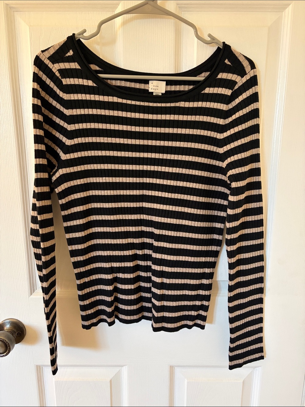 a new day Black & Cream Striped Ribbed Long-Sleeve Top